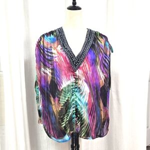 2/$30 Virbrant Abstract Multicolor‎ Sheer V Neck Womens Top Sz S Festival Resort